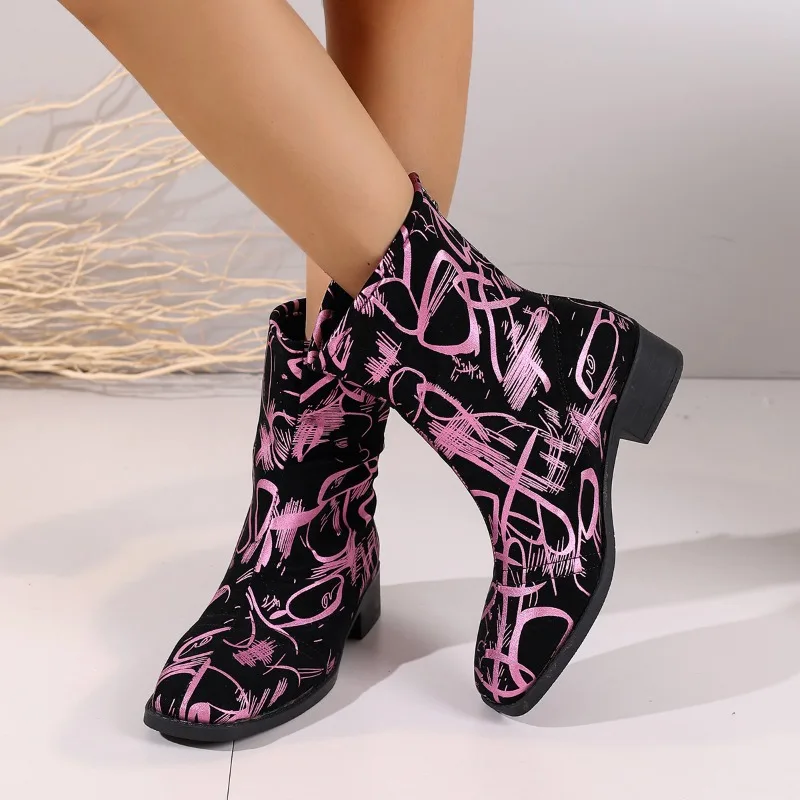 Winter Cowboy Boots Leather Pointed Toe Zipper Retro Print Design Thick Heel Rider Boots Casual Mid Calf Printed Women's Boots