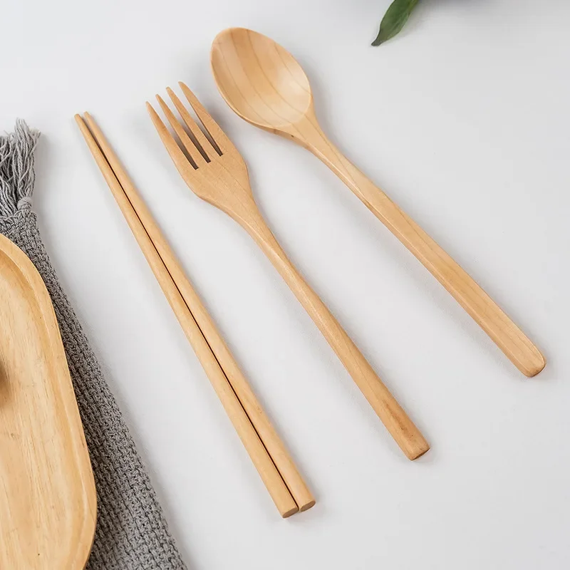 Wooden Spoon Kitchen Korean Style Natural Wood Soup Tableware Cooking Honey Coffee Spoon Mixing Chopsticks Forks Portable Set