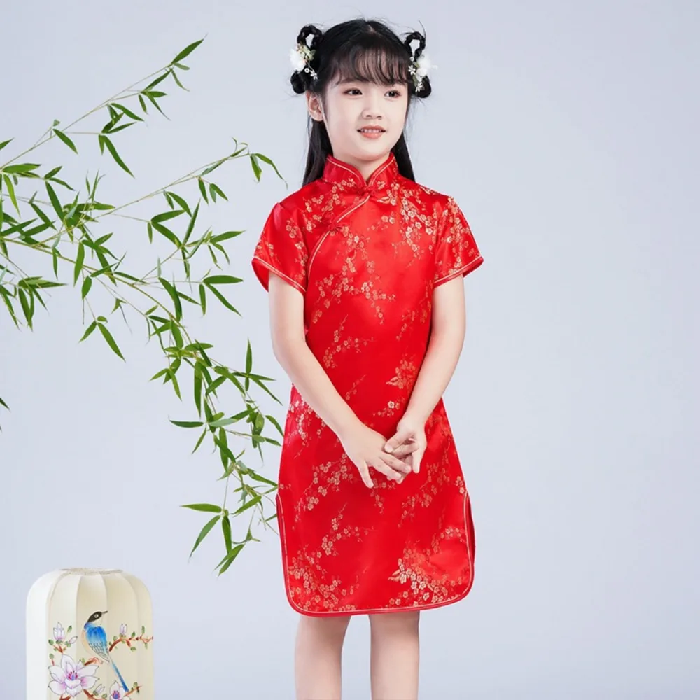 Chinese Traditional Costumes Kids Hanfu Floral Dragon Phoenix Qipao Summer