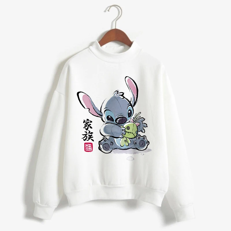 White Turtleneck Hoodie Disney Stitch Funny Women Harajuku Cute Lilo and Stitch Anime Sweatshirt Manga Streetwear Hoody Female