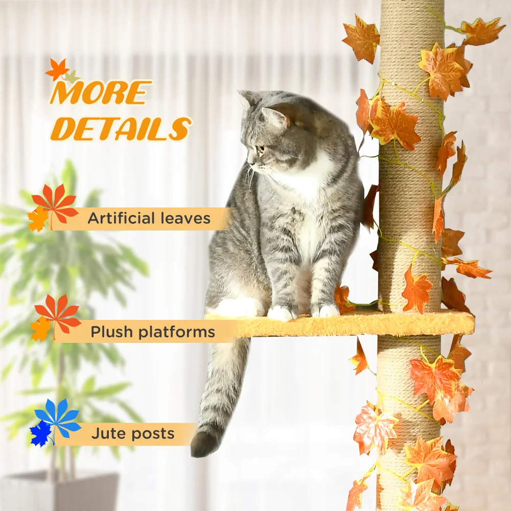 Pawhut Floor To Ceiling Cat Tree 80"-95" Adjustable Tall Cat Tower 3-Level Climbing Towe Indoor Sisal Scratching Post Platforms