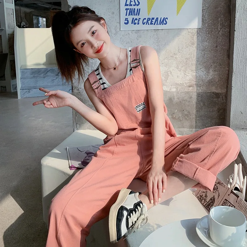 2024 Summer New Jumpsuits Women Korean Sweet Casual Versatile Solid Color Straight Leg Full Length Strap One-piece Pants Female