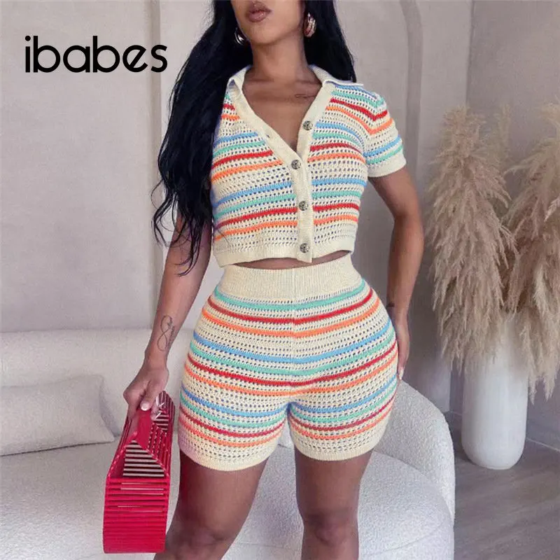 Horizontal Stripe Knitted Two Pieces Set Women Hollow Out Casual Turndown Collar Botton T-shirt + High Waist Shorts Casual Suits