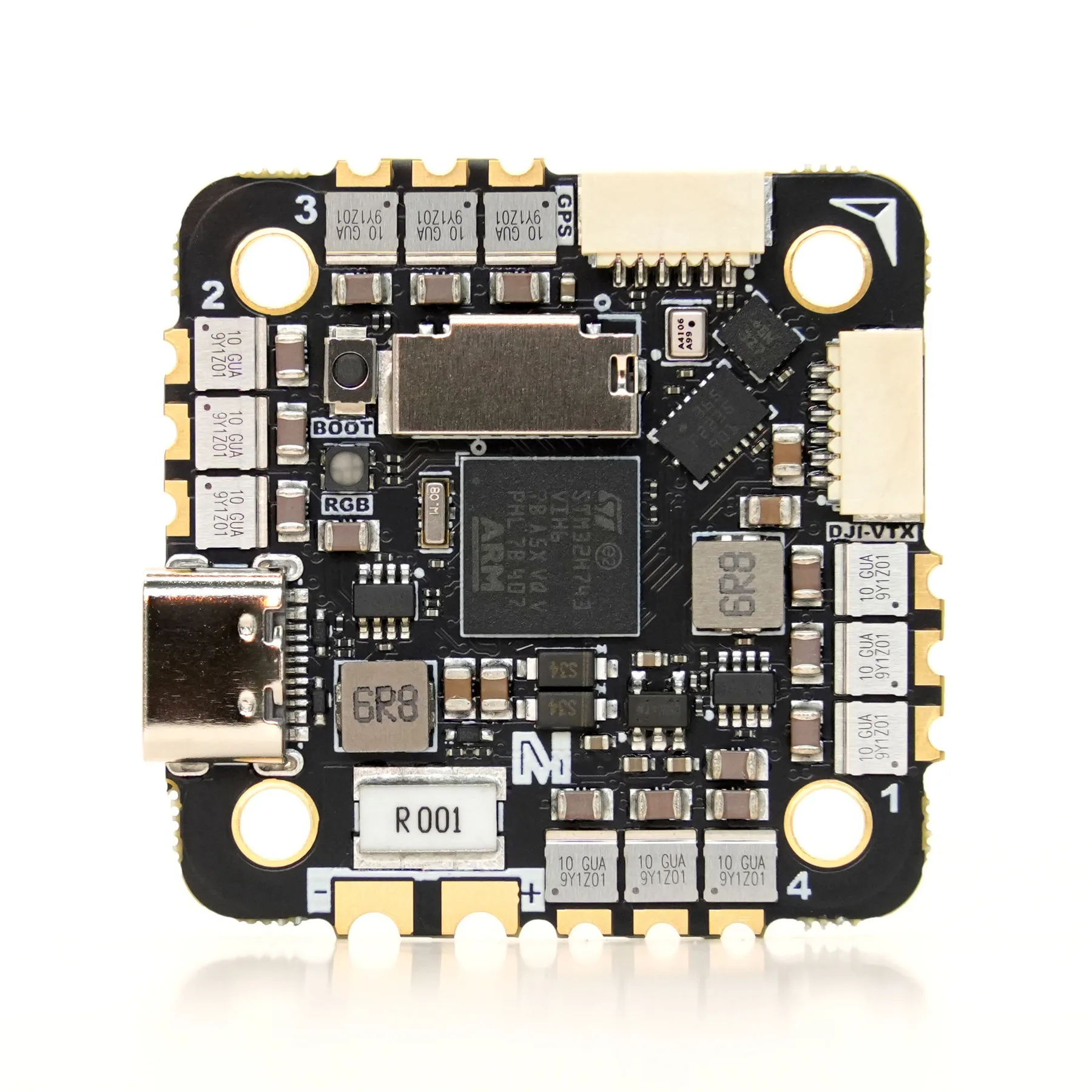 Carte MicoAir H743V2 AIO 45A AM32 2-6S montrant les connecteurs de batterie et moteurs pour drone FPV micro