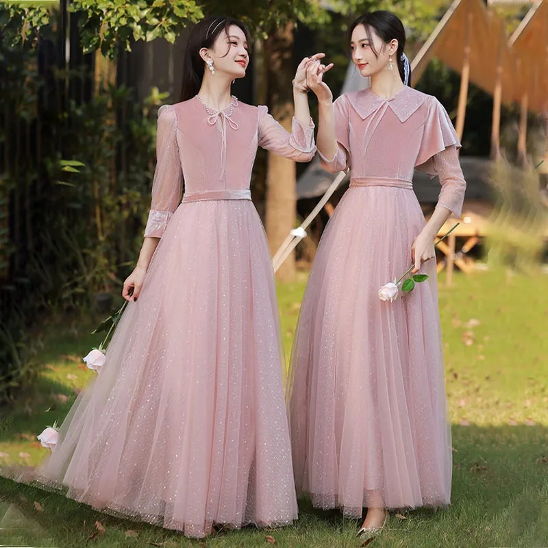 

Платья женские, розовые, с круглым вырезом, с рукавами до локтя, с блестками, жемчугом, трапециевидные, E1152