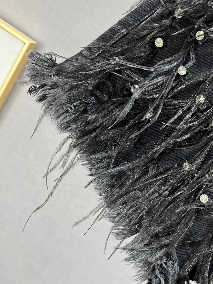 Exquisite Rhinestone Black Denim Shorts Women's Trendy 2024 New Summer High Waist Slimming Tassel Wide-Leg Trousers Hot Pants