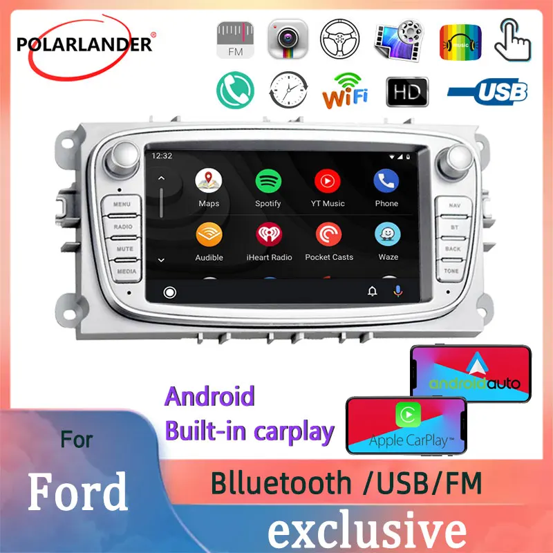 

Автомагнитола 2 Din, 7 дюймов, GPS, FM, Android 9, встроенный мультимедийный плеер Carplay, Wi-Fi, Bluetooth, для Ford/Focus/S-Max/Mondeo 9/GalaxyC-Max
