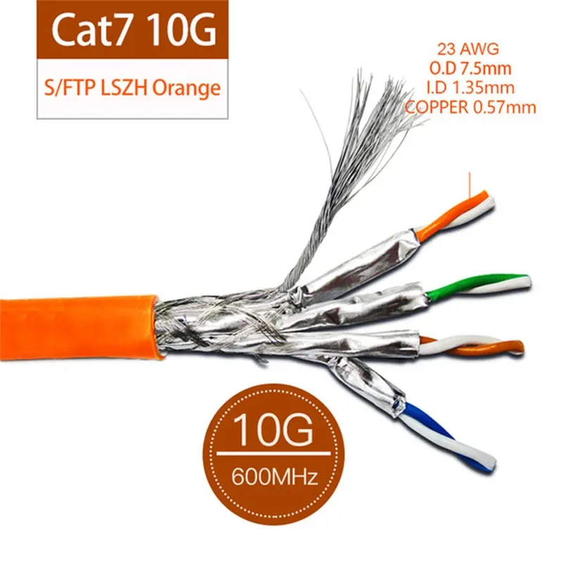 

Сетевой кабель Ethernet Cat 7, двойной Сетевой провод LSZH 10G 600 МГц, оранжевый Cat7 SFTP, установочная линия RJ45 23AWG 0,57 мм, медь