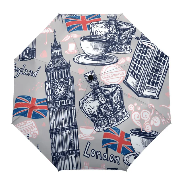 London Big Ben Coffee Phone Booth Rain Foldable Umbrella