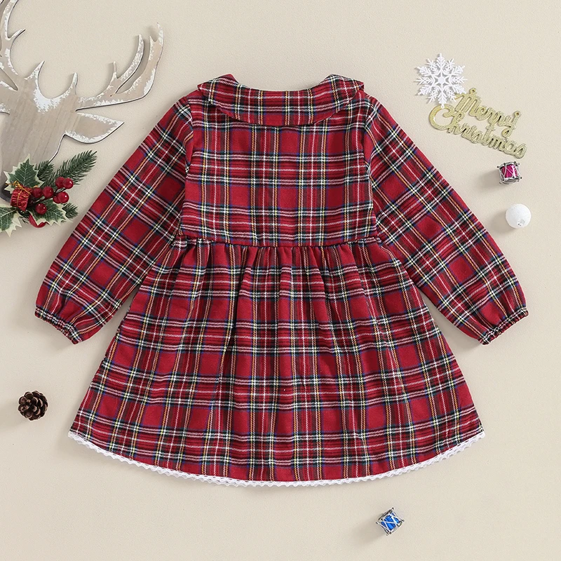 

3-6T Kids Girl Christmas Dress Casual Long Sleeves Plaid Print Princess A-Line Dress Toddler Baby Spring Clothes