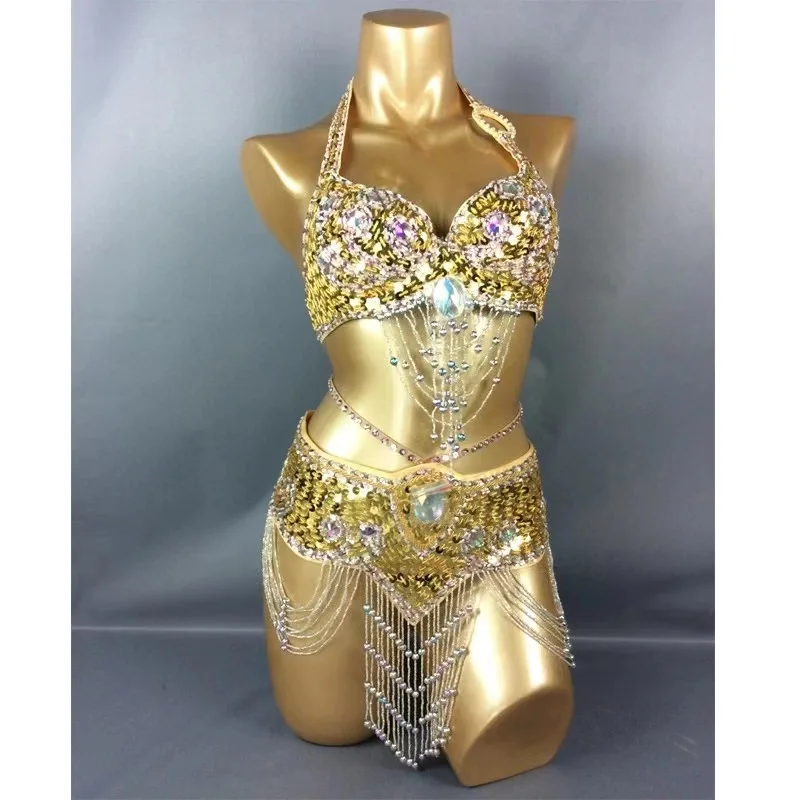 

Carnival Adult Women's Costume Beads Sequins Belly Dancing Bra and Belt Set Samba Wear Gold Oriental Show Stage Wear Singer