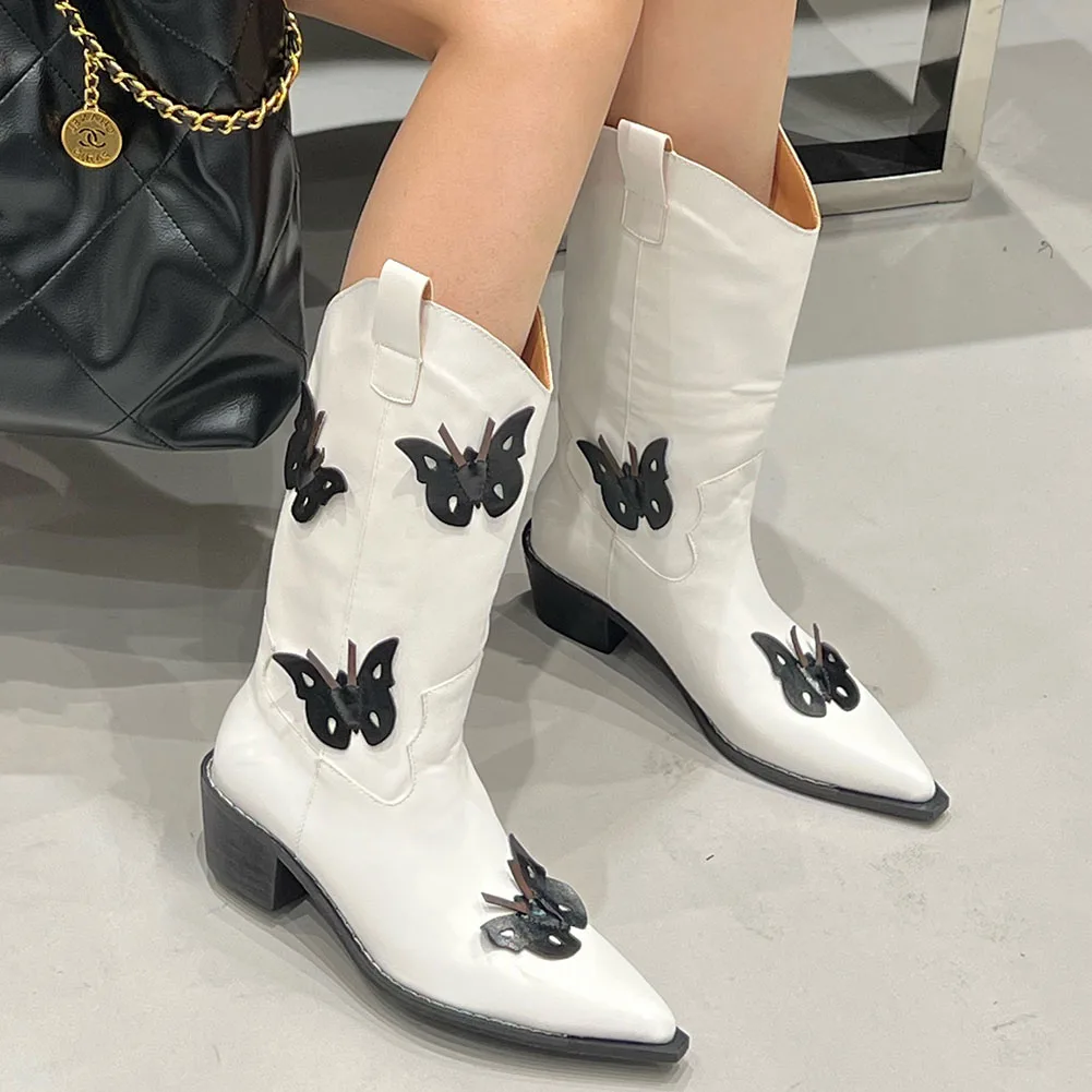 

Great Deal y2k Butterfly Style 2023 Vintage Black White Women's Cowboy Boots Chunky Heels Western Boot Shoes Footwear