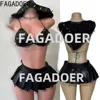 FAGADOER Punk Sexy Leather Pleated Mini Skirts Two Piece Set Women Hooded Backless Lace Up Crop Top And Skirts Nightclub Outfit 1