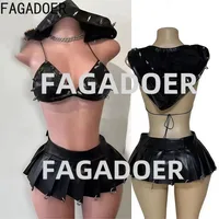 FAGADOER Punk Sexy Leather Pleated Mini Skirts Two Piece Set Women Hooded Backless Lace Up Crop Top And Skirts Nightclub Outfit 1