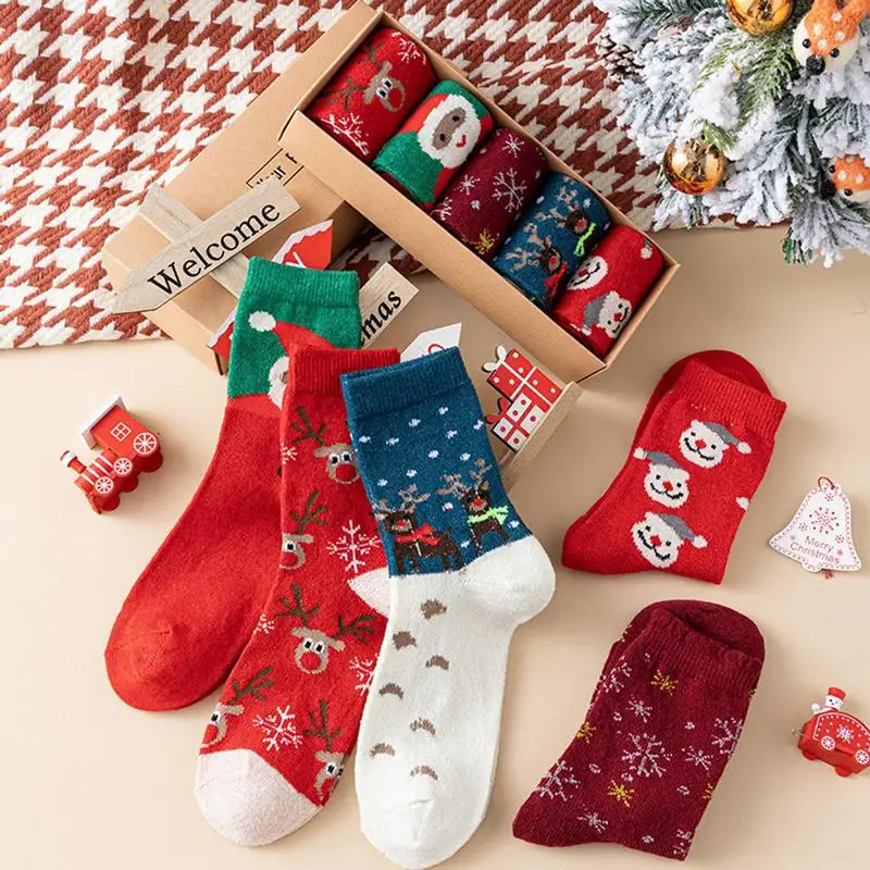 Christmas Socks 5Pairs Wool Mid-tube with Santa Reindeer Pattern Women's Gift Box