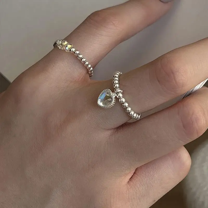 

MEETSOFT 925 Sterling Silver Heart Round Beads Pulling Adjustable Ring for Women Delicate Sweet Fine Jewelry Gift Drop Shipping