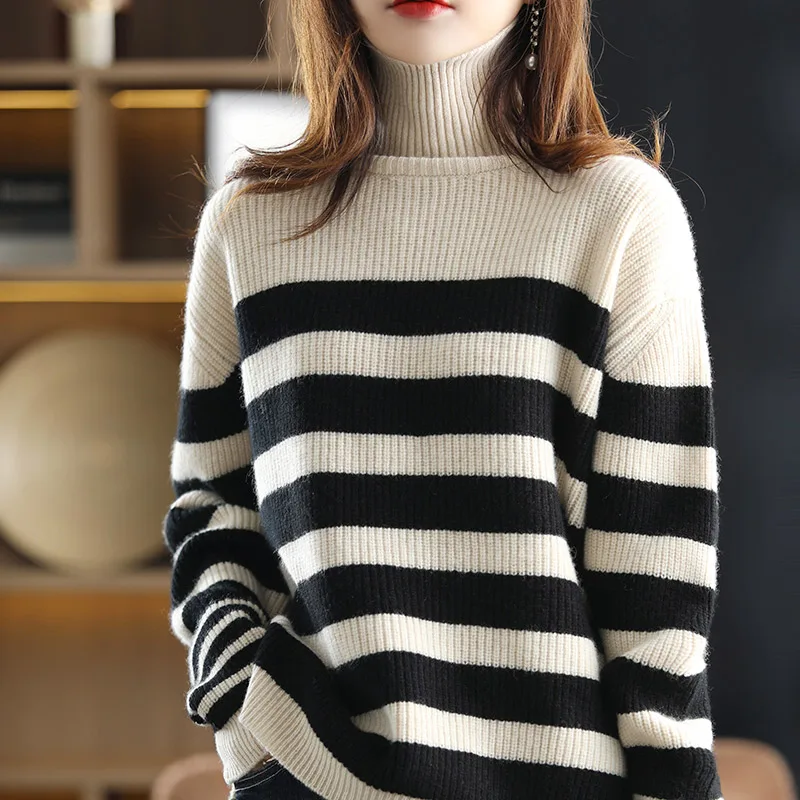 

Cashmere Sweater Women's Turtleneck Casual Pullover Knit Colorblock Top 100% Wool Loose Autumn Winter Women's Sweater Large Size