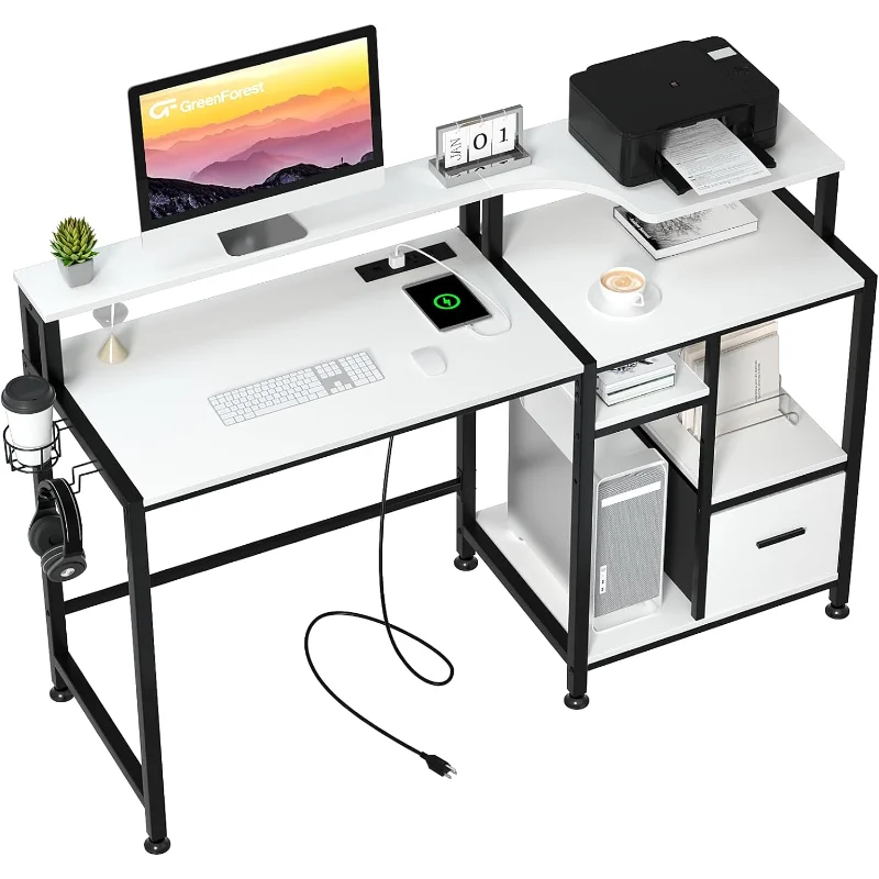 GreenForest Computer Desk with Drawers and Power Outlet, 55 inch Office Desk with Printer Shelf Monitor Stand, Work Desk with