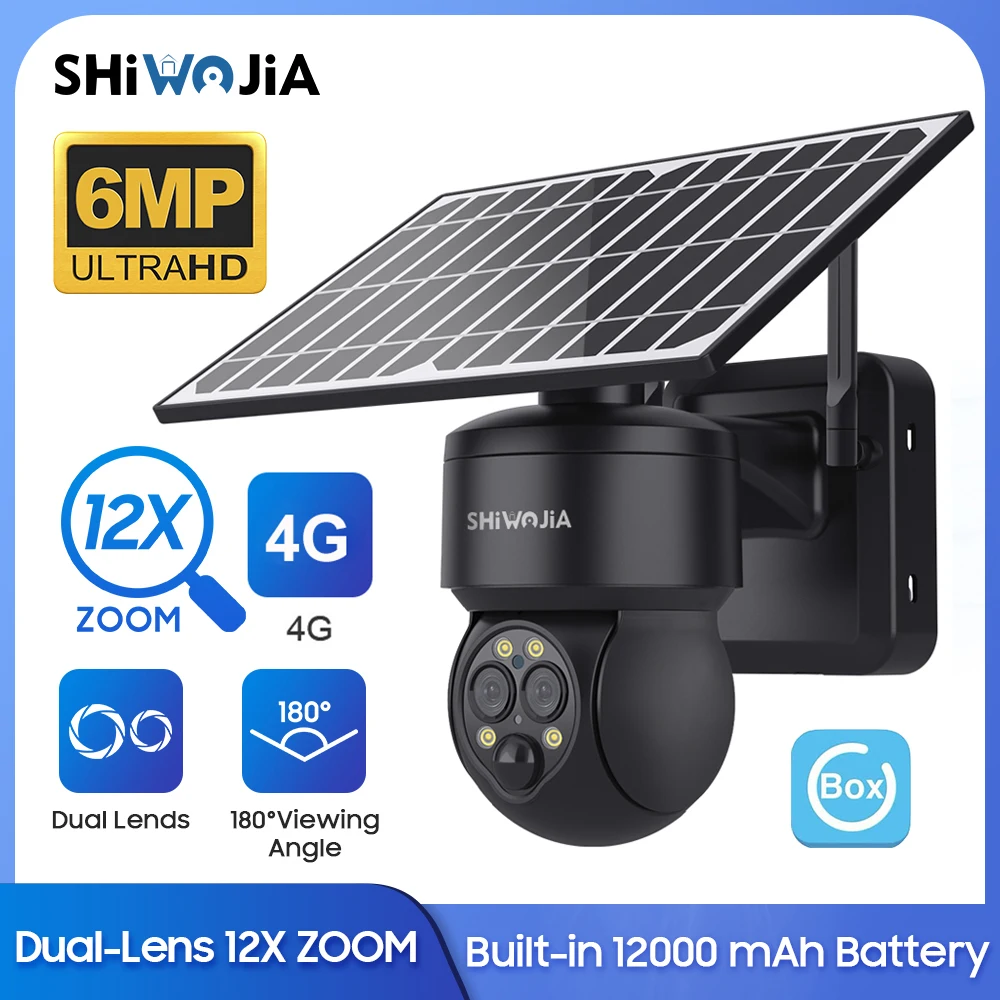 

SHIWOJIA 6W 4G SIM Solar Powered Panel Camera Outdoor 6MP 12X ZOOM Solar Security Surveillance 12000mAh Battery CCTV Video PIR