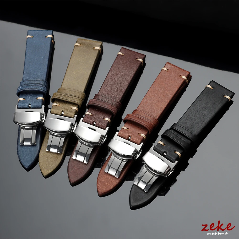 Elegant Genuine Leather Watch Band with Wooden Box & Butterfly Clasp Bracelet