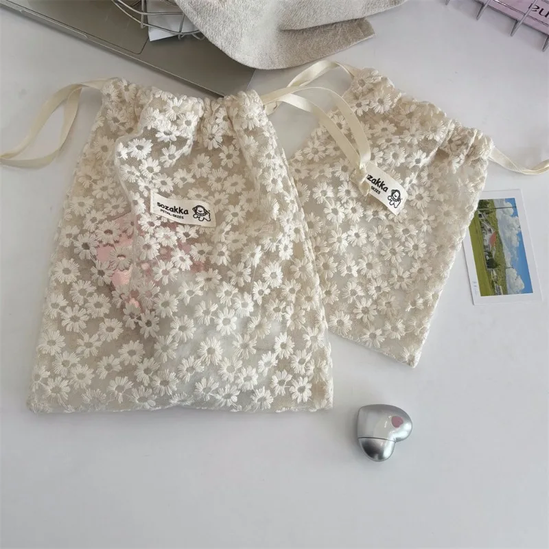 Lace Embroidered Daisy Mesh Drawstring Makeup Bag Cute Summer
