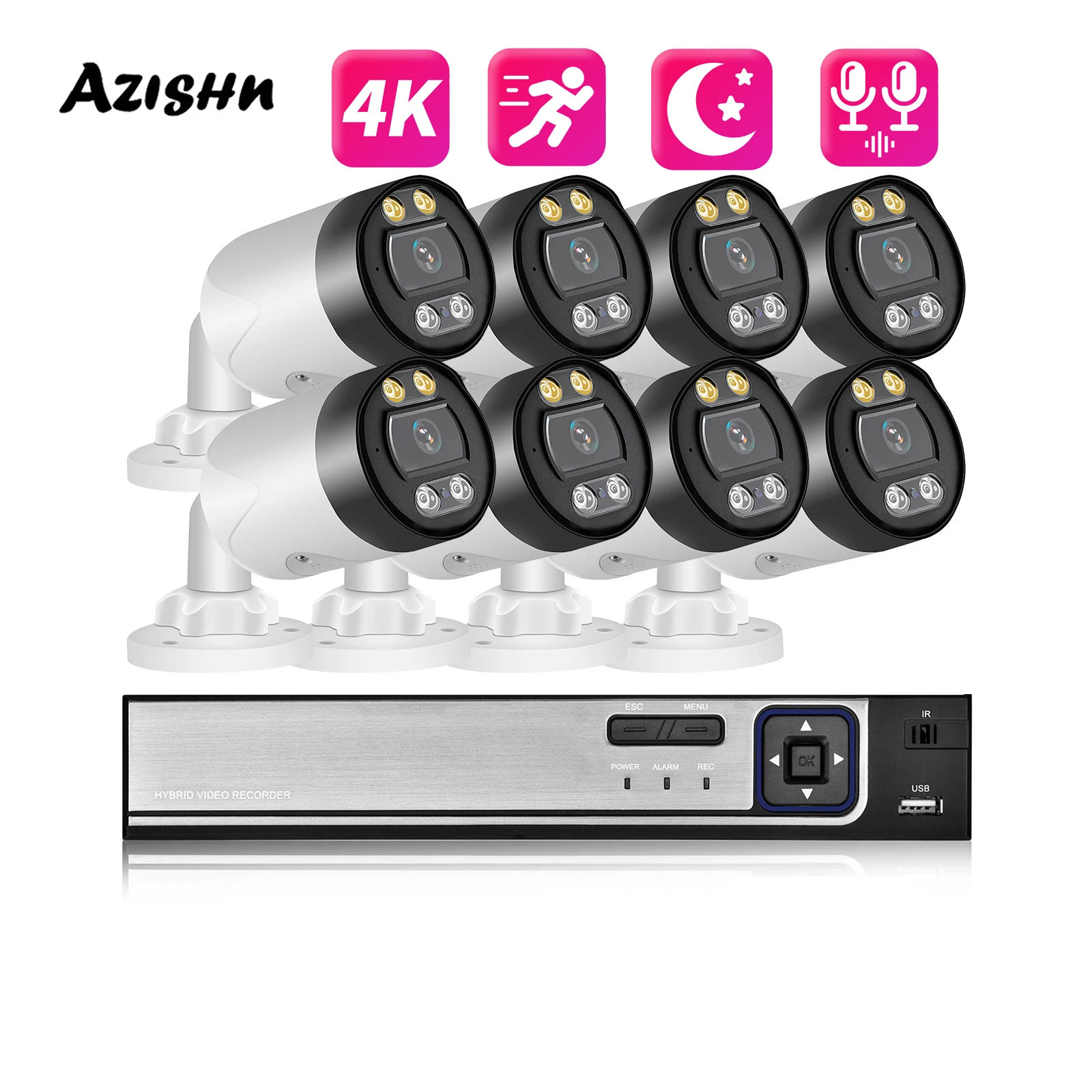 

AZISHN H.265 4K HD Wired CCTV System POE 8MP Two-way Audio Home Record Video Surveillance Kit Security IP Camer With 8CH NVR Set