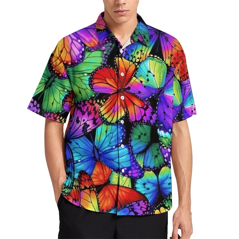 thumbnail image 1 of Camisas de verano para hombre, blusas con estampado de mariposas en 3D, camisas informales de manga corta de gran tamaño para playa, camisas holgadas con botones para hombre, 1 of 5