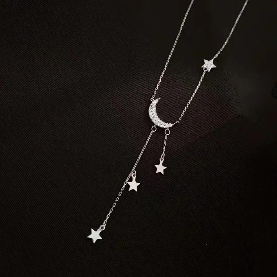 Fashion Design Ladies Necklace New Style Star Moon Tassel Pendant Rhinestones Clavicle Chain Choker Collares Wedding Jewelry