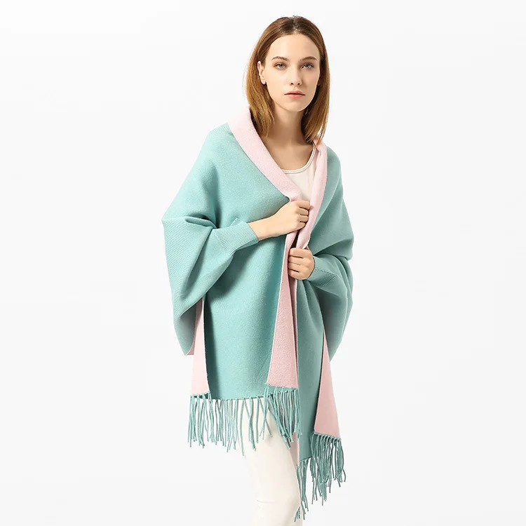 Imitation Cashmere Solid Color With Sleeves Shawl Winter Thickened Warm Tassel Cloak Double-sided Dual-purpose