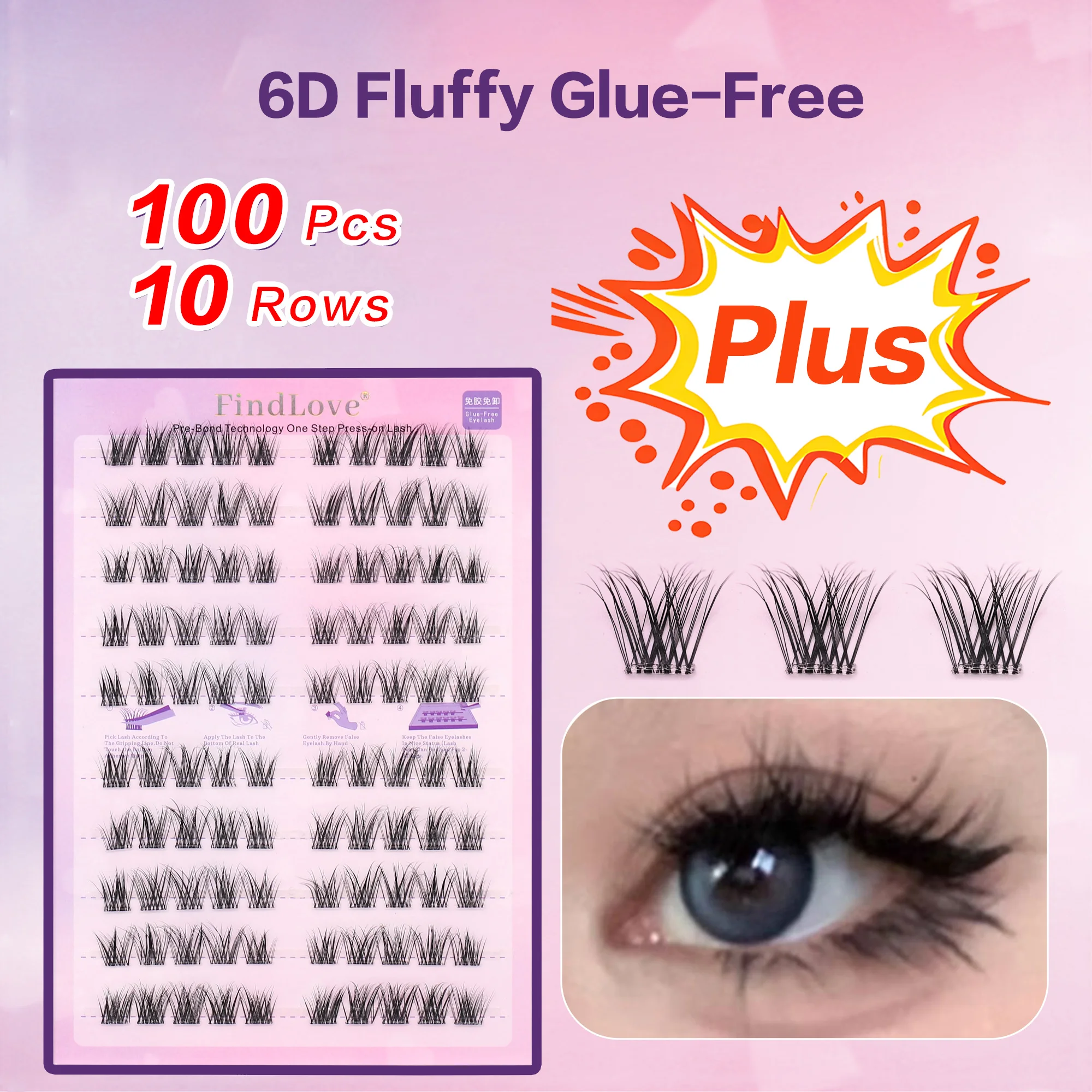 

6D Fluffy 100pcs Pre bond No Glue Needed Self Adhesive Lashes with Adhesive Press on Lashes Pre Bond Lash Clusters at Home