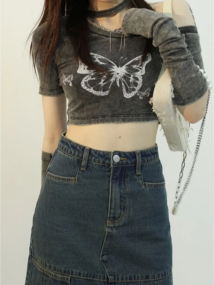 

Deeptown Gothic Graphic T Shirts Womem Harajuku Y2k Streetwear Crop Print Vintage Aesthetic Tees Irregular Off Shoulder Tshirts