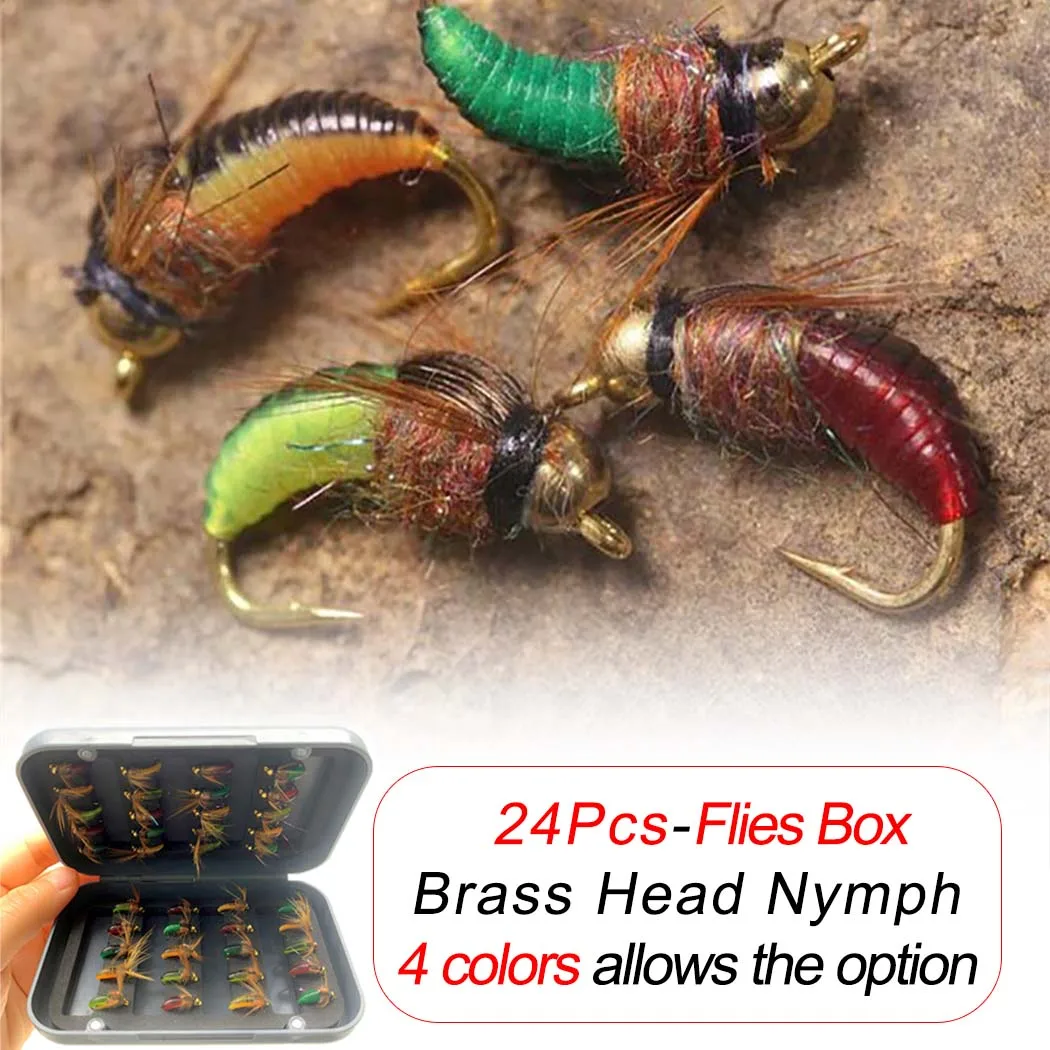 

24Pcs/Box Brass Bead Head Caddis Nymph Orange/Red/Light green/Dark green Color Trout Fishing Fly