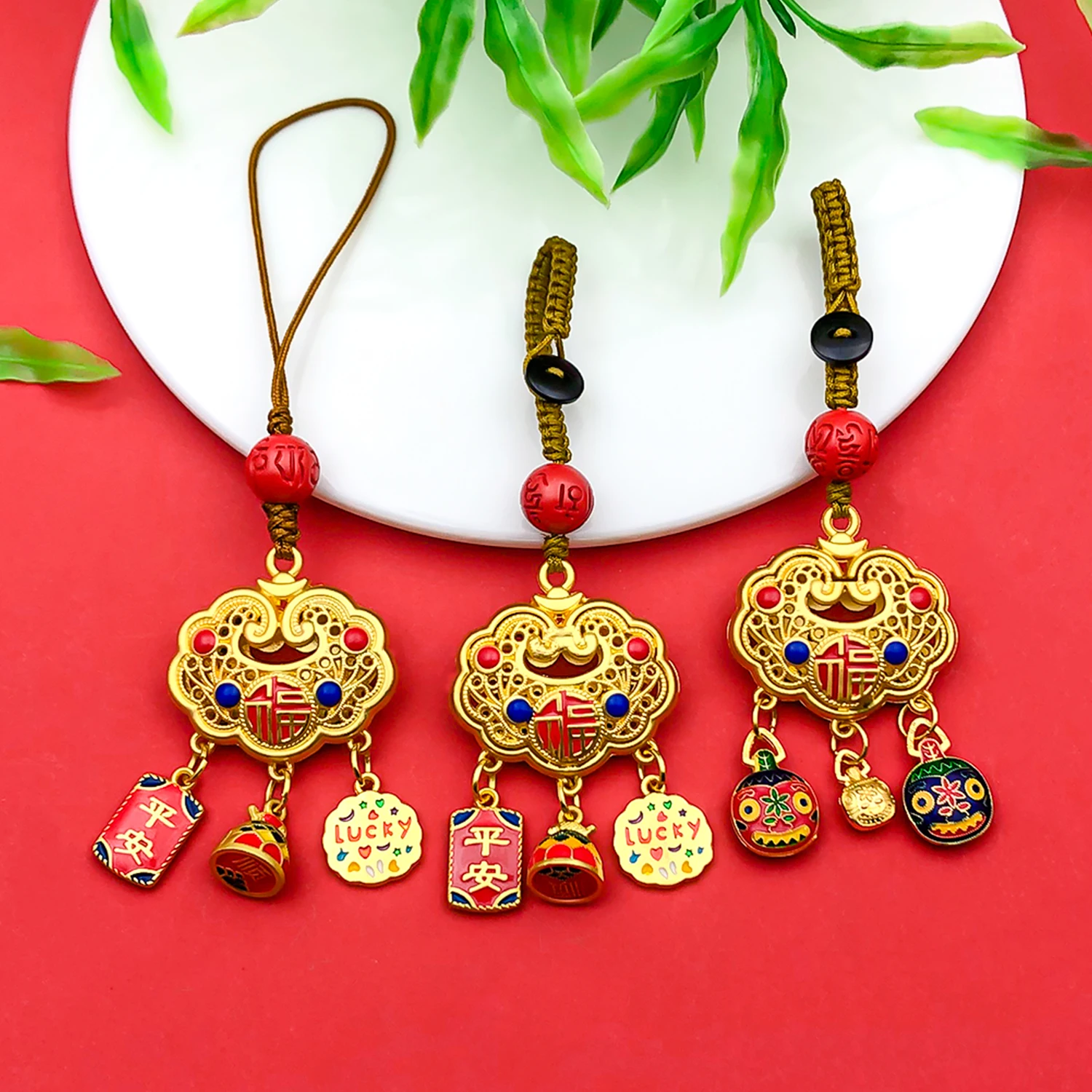 Drip-Painted Red and Gold Chinese Charms (Calabash & Fortune Lock) - Perfect for Jewelry Crafting
