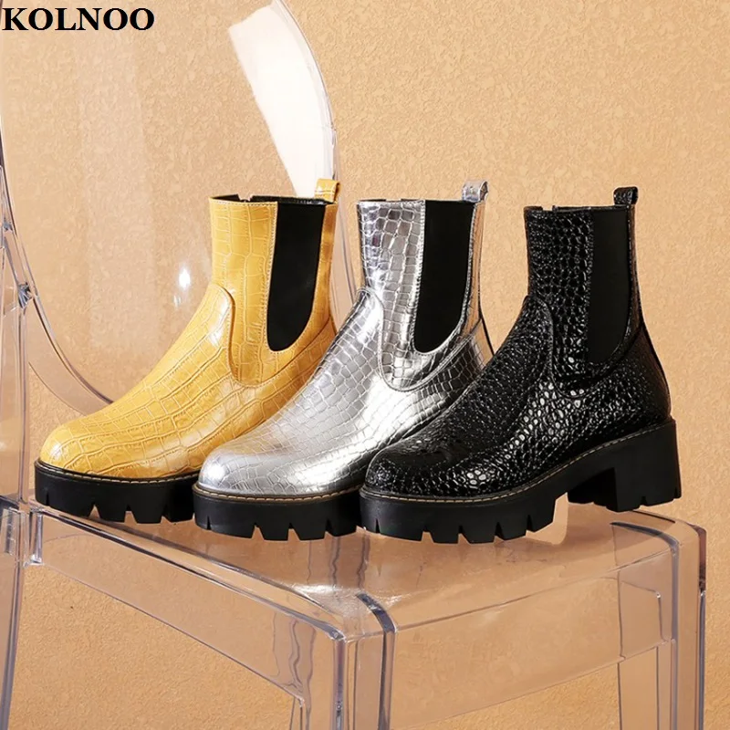 

Kolnoo Handmade New Hot Sale Womens Blocked Heel Ankle Boots Three Colors Thick-sole Party Boots Evening Fashion Winter Shoes