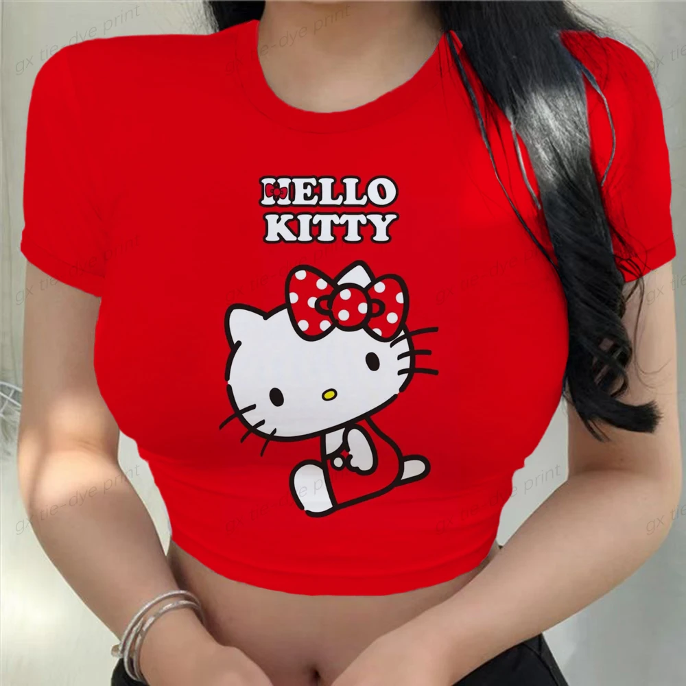 

Harajuku Hello Kitty Printing T-Shirt short sleeve Skinny Crop tops Women y2k kawaii streetwear Cartoon Cropped tops Tee