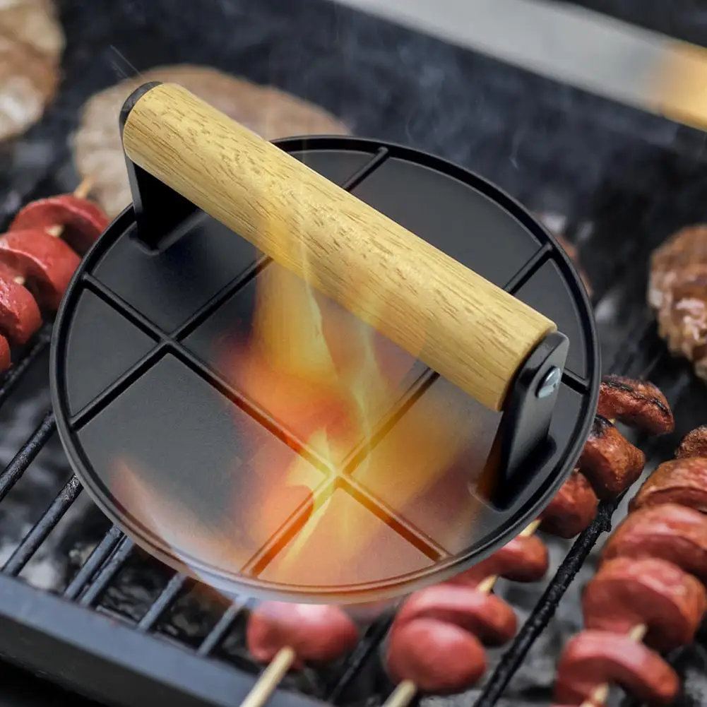 

Healthy Cooking Tool Durable Cast Iron Aluminium Meat Press Kitchen Tool with Ergonomic Wooden Handle Food-grade for Perfectly