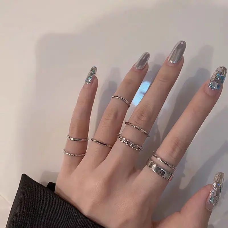 Punk Simple Rings for Women 7Pcs Set Silver Color Geometric Vintage Joint Hiphop Finger Ring Jewelry Niche Design Rings