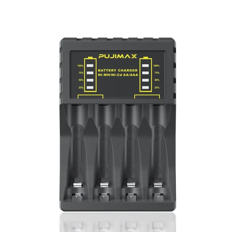 Battery Charger PUJIMAX 4 Slots Intelligent Ni-Mh for Rechargeable 1.2V AA Ni-MH Battery with USB Output Power LED Display
