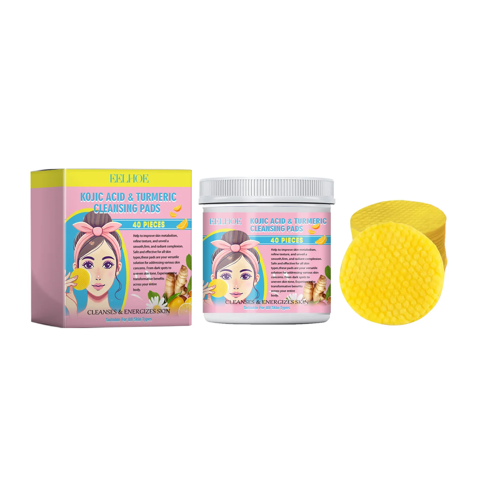 EELHOE Turmeric Kojic Acid Facial Cleansing Pads Cleaning Remover Pores Dirt Moisturizer Face Exfoliating Daily Clean Skin Care 2