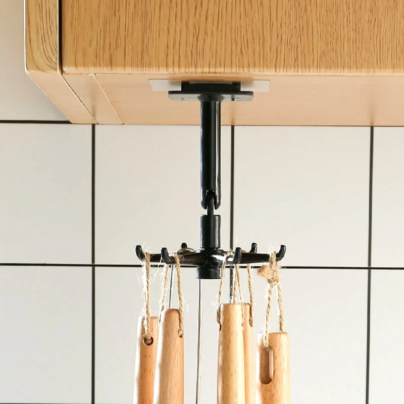 2pcs Black Kitchen Rotating Punch-free Wall-mounted Shelf 6 Rotating Hooks Pot Shovel Chopping Nail-free Adhesive Hook Rack