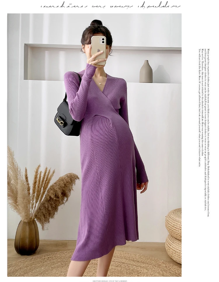 Über V-Ausschnitt gestrickte Mutterschaft pullover Kleid elegant eine Linie schlanke Kleidung für schwangere Frauen Herbst Winter Schwangerschaft tägliche Kleidung – Detail 14