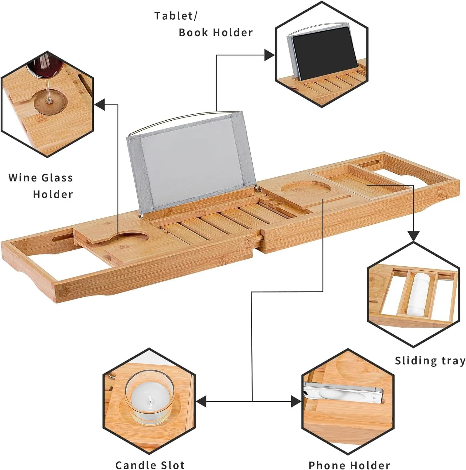 Utoplike Bamboo Bathtub Caddy Tray Bath Tray for Tub, Adjustable Bathroom Bathtub Organizer with Book Tablet Wine Glass Cup Towe