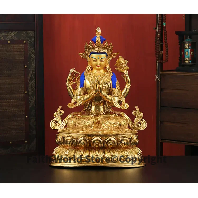 

46CM huge large good Buddha HOME Temple Greco-Buddhist efficacious Protection # Buddhism Four arm Guanyin Buddha gild statue