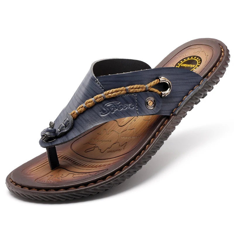 New Mens Flip Flops Summer Slippers Breathable Outdoor Beach Slippers Handmade Leather High Quality Casual Lightweight Sandals
