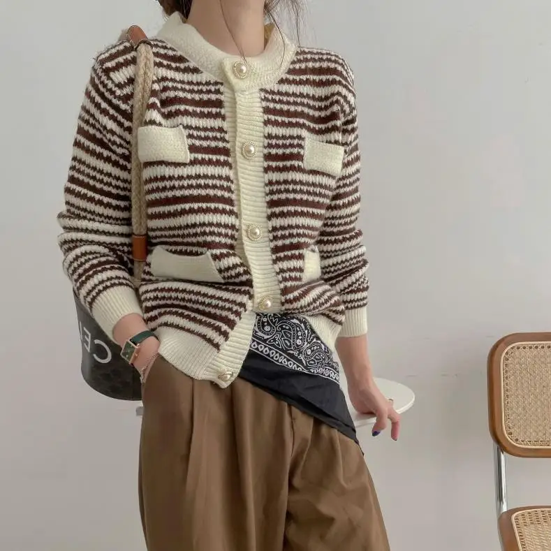 

Вязаные кардиганы с круглым вырезом для женщин, милый элегантный свитер с рукавами-фонариками, верхняя одежда, женская уличная одежда, шикарная вязаная куртка, Топ