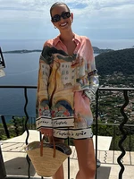 Fashion Floral Women's Two Piece Suit Turn-down Collar Long Sleeve Single Breasted Top Short Pants 2025 Summer Lady Causal Set 1