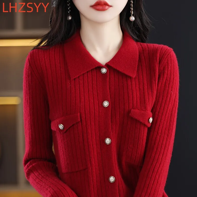 

Модный кардиган-поло LHZSYY из 100% чистой шерсти, женская вязаная куртка на весну и осень, новая свободная рубашка, пальто, базовый свитер большого размера
