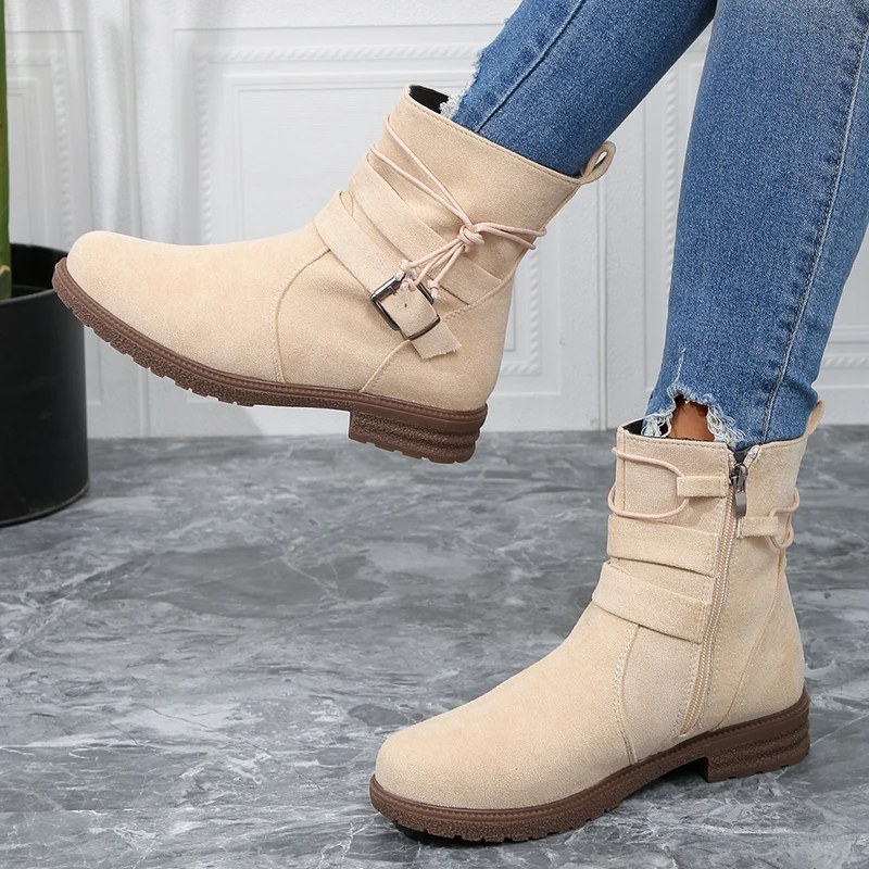 Fashion Women's Boots Suede and Calf Fashion Boots Fall Low Heel Foot Cover British Wind Platform Boots Large Size Women's Shoes