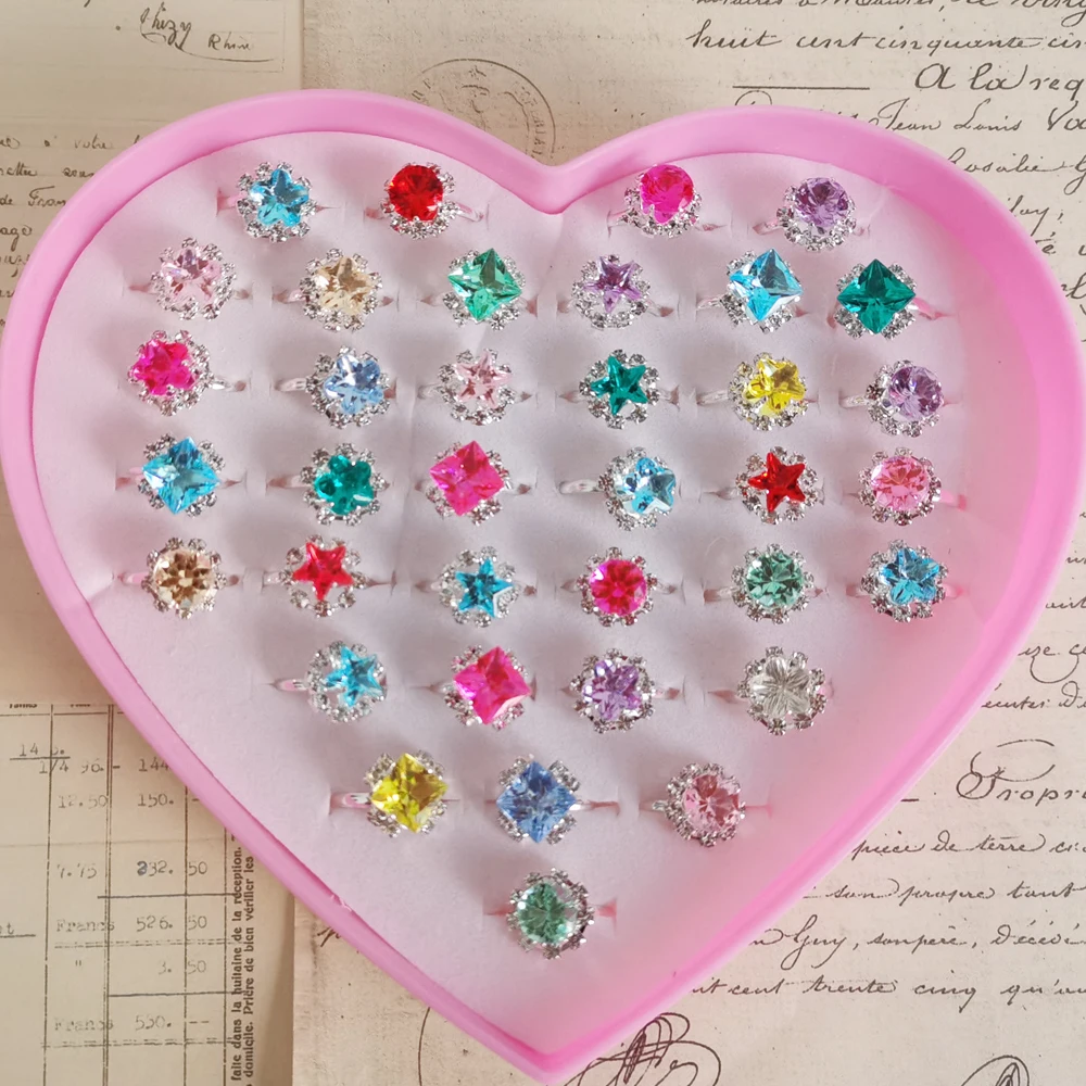 12/36PCS/set Adjustable Kids Crystal Rings Jewelry Heart Star Square Open Finger Ring For Children Girl Party Gift 2
