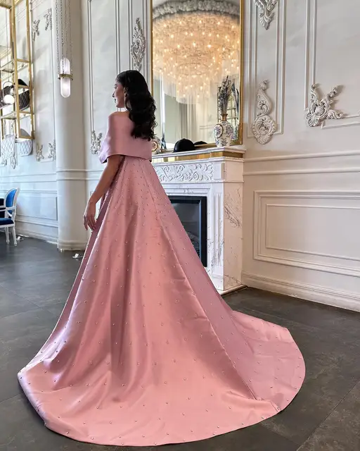 Luxury Dubai Pink Satin Evening Dresses with Train 2024 Elegant Off Shoulder Arabic Women Wedding Party Gowns 481 4